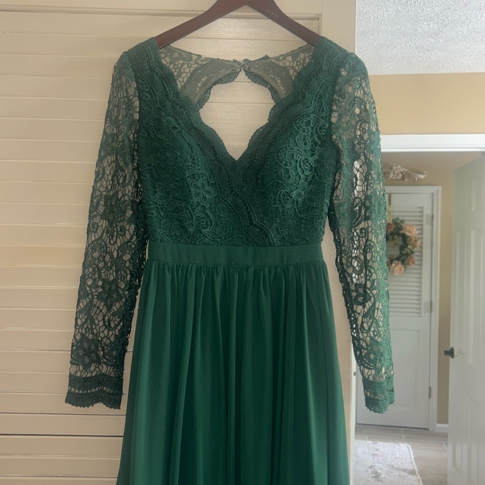 EUC JJs House A- Line V-Neck Chiffon Lace Bridesmaid Dress - DARK GREEN - SIZE 4